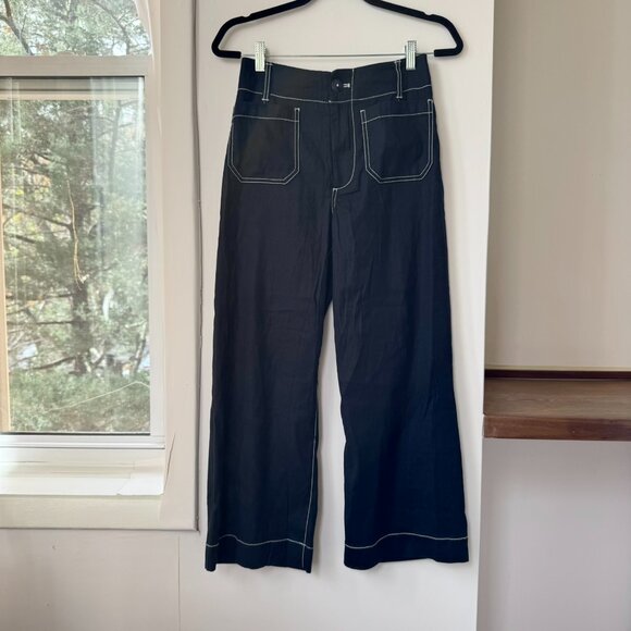 New Anthropologie The Colette Linen Crop Wide-Leg Pants Maeve Navy Contrast 26 - Picture 5 of 12